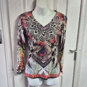 Women's Coral Multi Peacock Feather Print V-Neck Top